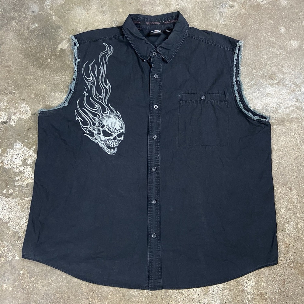Vintage Y2K Harley Davidson Vest Size 3XL Black Zip Skull Motorcycle‎ Graphic